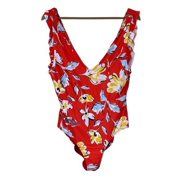 NWT Catalina One Piece Swimsuit Womens L Red Tropical Floral Ruffle V-Neck - Picture 4 of 6